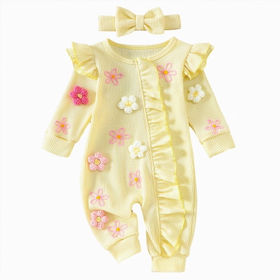 YDFCWX New Born Baby Girl Outfits Newborn Baby Girl Fall Winter Outfits Clothes Knit Jumpsuit Ruffle Romper Newborn Outfit for Baby Girl,Yellow,6-12 Months