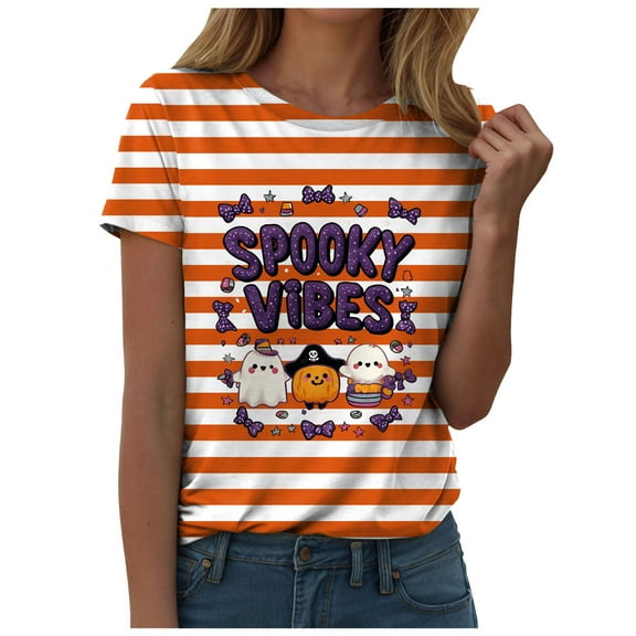 YDFCWXW 2025 Halloween Pumpkin Shirts for Women, Short Sleeve Crew Neck Ghost Print T-Shirt for Holiday Party Yellow, XXL