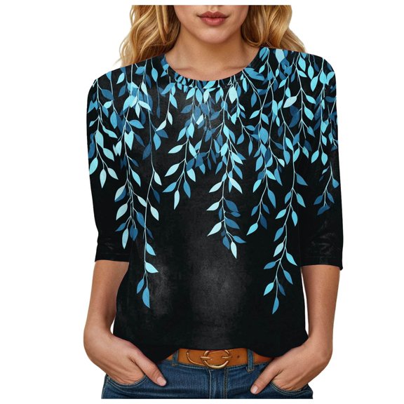 YDFCWXW 3/4 Length Sleeve Womens Tops Casual Loose Fit Crewneck T Shirts Cute Tunic Tops (Blue, XL)