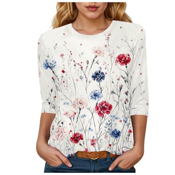 YDFCWXW 3/4 Length Sleeve Womens Tops Casual Loose Fit Crewneck T Shirts Cute Tunic Tops (Red, L)