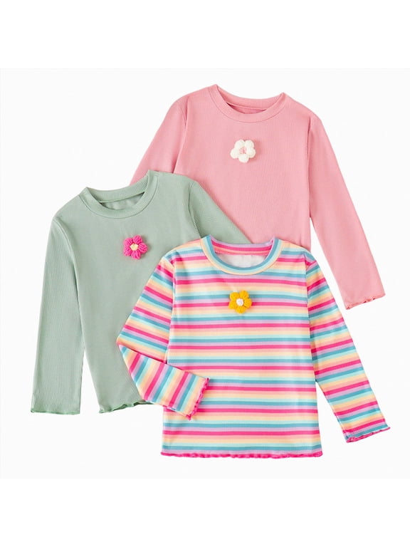 3 Pack Toddler Girls Shirts Long Sleeve Basic Tees Kids Tshirts Clothes Tops Soft Cotton (Light Green, 5-6 Years)