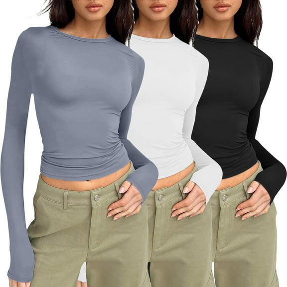 YDFCWXW 3 Pack Womens Long Sleeve Shirts Basic Tees Y2k Slim Fit T Shirt Crew Neck Trendy Casual Crop Top Dark Gray, XS