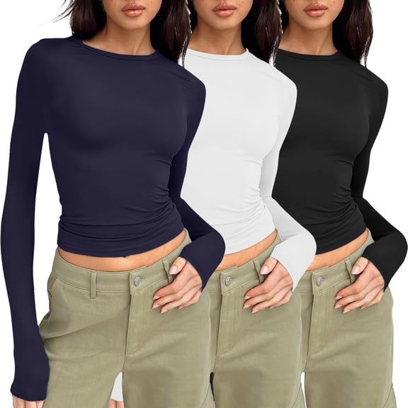 YDFCWXW 3 Pack Womens Long Sleeve Shirts Basic Tees Y2k Slim Fit T Shirt Crew Neck Trendy Casual Crop Top Navy, L
