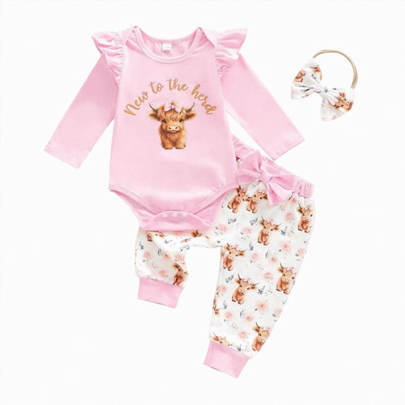 YDFCWXW 3PCS Western Baby Girl Ruffled Long Sleeve Romper Pants Headband Set Clothes (Light Pink, 6-9 Months)