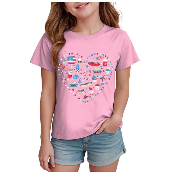 YDFCWXW 4th of July USA Shirt Girls American Flag Patriotic T-Shirt Independence Day Outfit Casual Girls Summer Tshirts (Pink, 9-10 Years)