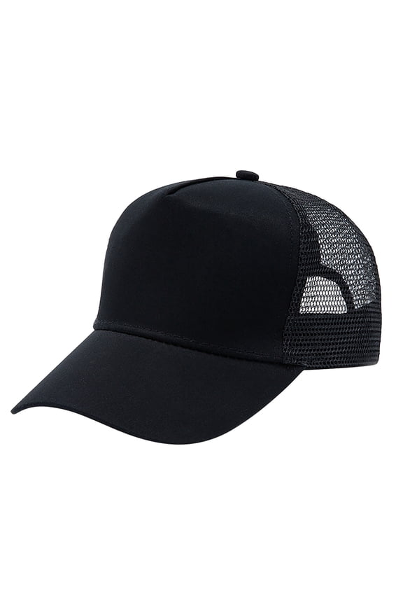 5-Panel Mesh Baseball Cap, Trucker Hat, Structured Plain Design, Cotton, Adjustable Size (Black, One Size)