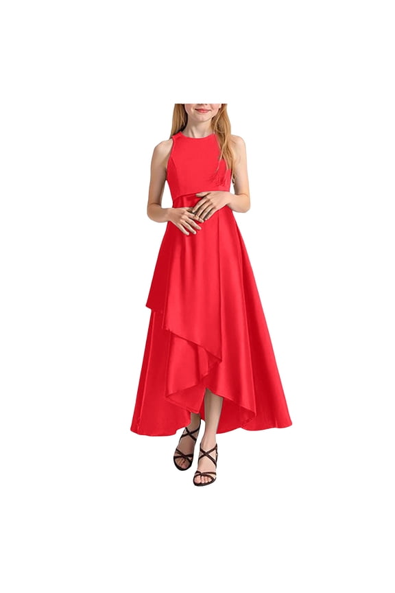 A-line Scoop Asymmetrical Satin Junior Bridesmaid Girl Dresses Wedding with Cascading Ruffles (Red, 12-14Years)