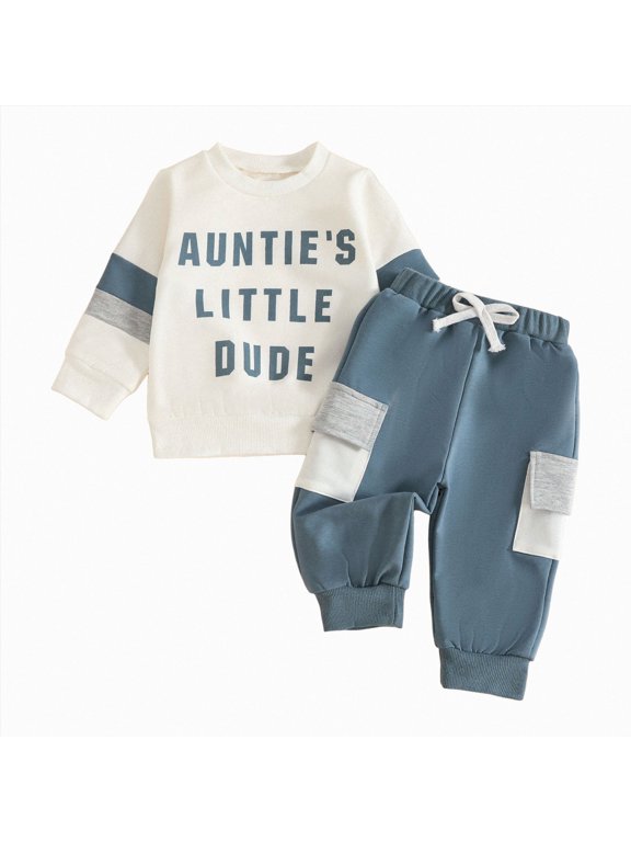 Auntie's Dude Letter Sweatshirt and Pants Set Baby Toddler Boy Long Sleeve Winter Outfit Cute Gift (Blue, 2-3 Years)