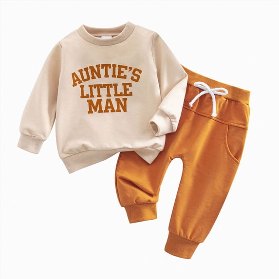 YDFCWXW Aunties Little Man Baby Boy Outfit 2Pcs Fall Winter Tops and Pants Set Long Sleeve Pullover Sweatshirts Pants Sets (Beige, 6-12 Months)