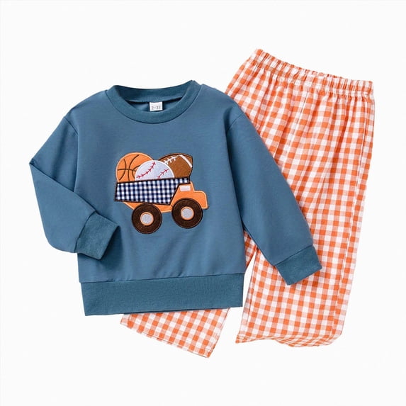 YDFCWXW Baby 2Pcs Outfits Long Sleeve Ball Cart Embroidery Sweatshirt + Pants Set Clothes (Blue, 3-4 Years)