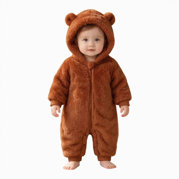 YDFCWXW Baby Bear Soft Plush Winter Zip Snowsuit 0-18M, Cute Bear Ear Hood Ultra-Soft Fleece Full-Zip Warm Winter Outerwear Baby Gift (Brown, 9-12 Months)