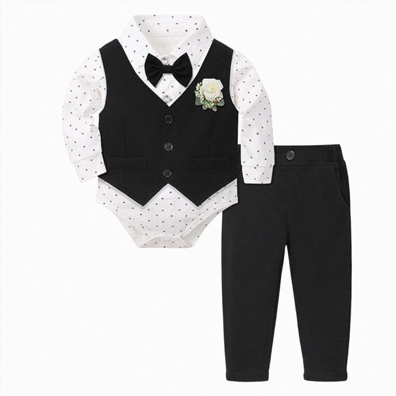 YDFCWXW Baby Boy 3 Piece Formal Suit Set, Vest + Shirt + Pants, Wedding Birthday Christening Holiday Photoshoot Outfit (Black, 12-18 Months)
