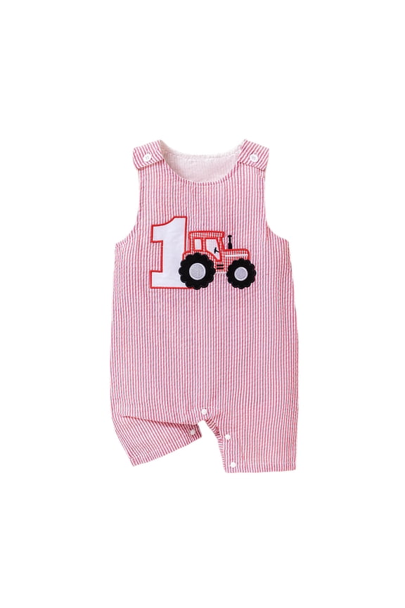 Baby Boy Birthday Outfit Sleeveless 1st Embroidery Birthday Romper Jumpsuit Cute One Piece Cake Smash Outfits (Red, 12-18 Months)