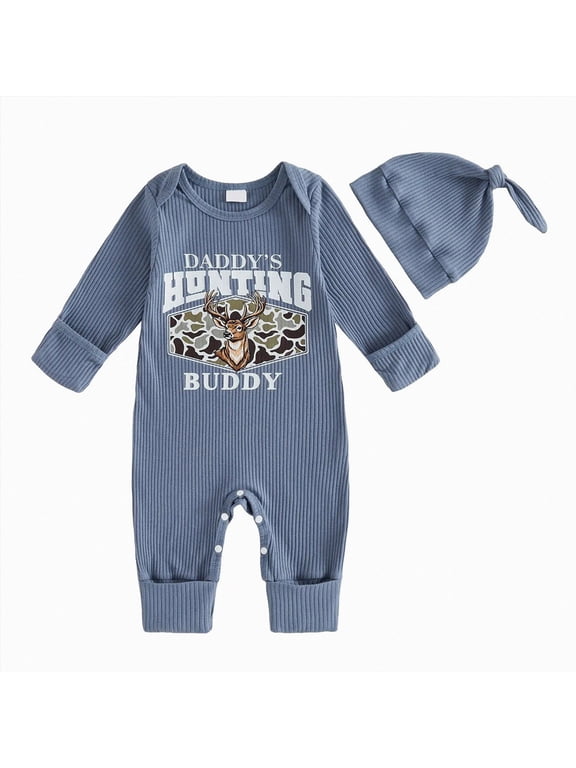 Baby Boy Camo Hunting Romper Set with Hat, Daddy's Hunting Buddy Long Sleeve Knit Jumpsuit (Blue, 12-18 Months)