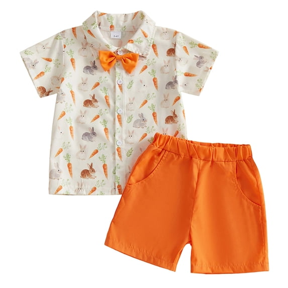 YDFCWXW Baby Boy Easter Outfit Bunny Carrot Print Button Down Shirt Elastic Shorts 2 Piece Gentleman Clothes Sets (Red, 4-5 Years)