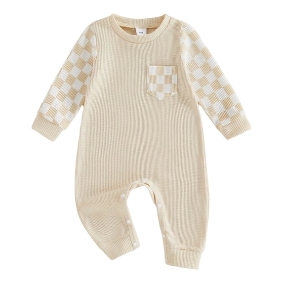 YDFCWXW Baby Boy Girl Checkerboard Jumpsuit Long Sleeve Pocket Onesie Bodysuit (Beige, 6-12 Months)