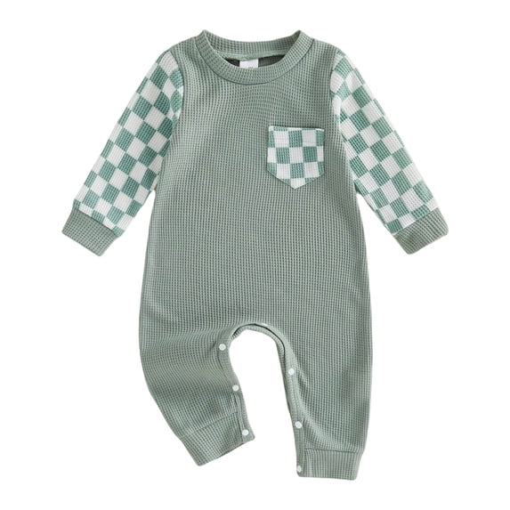 YDFCWXW Baby Boy Girl Checkerboard Jumpsuit Long Sleeve Pocket Onesie Bodysuit (Green, 3-6 Months)