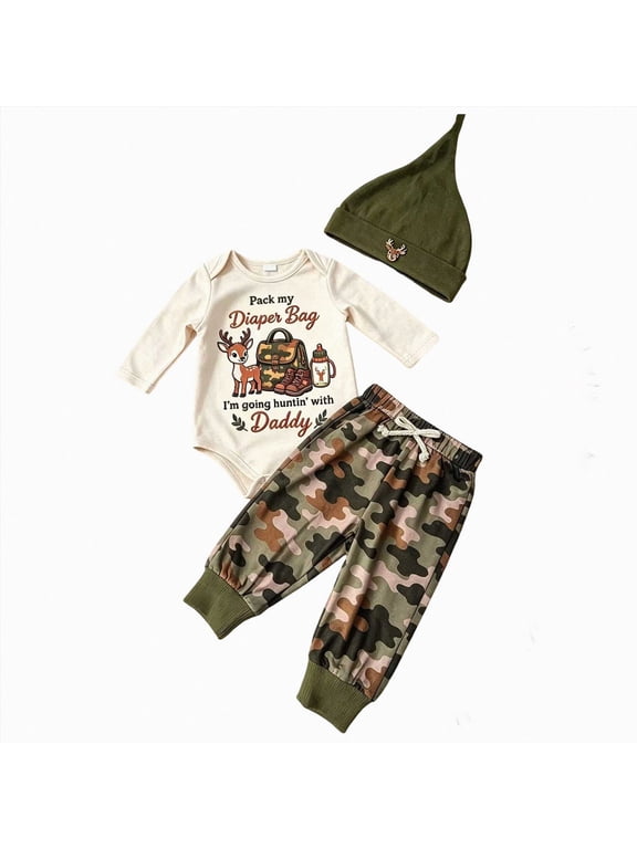 Baby Boy Hunting Outfit Hunter Deer Romper Camo Pants Hat Set, Newborn First Hunting Season Coming Home Camouflage Outfit Fall (Beige, 3-6 Months)