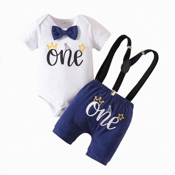 YDFCWXW Baby Boy My First Birthday Outfit Infant Bow Tie Romper with Suspenders, Cake Smash 1 Year Old Birthday Clothes (White, 12-18Months)