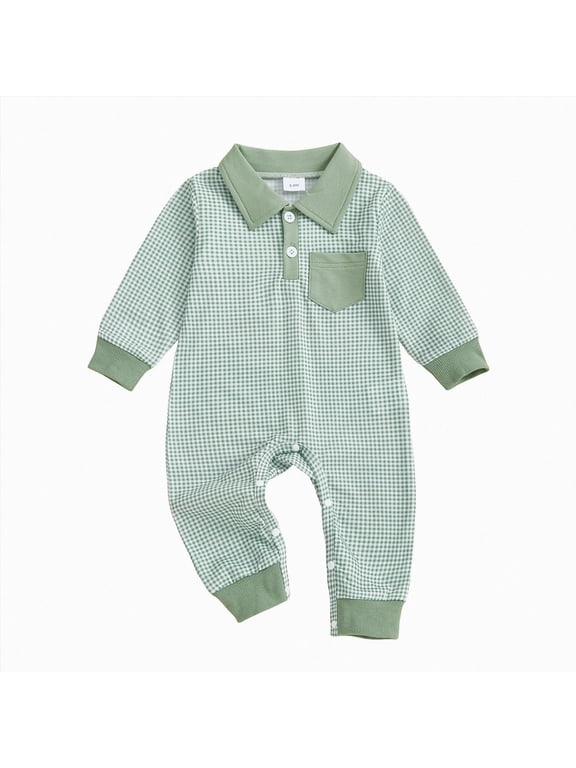 Baby Boy Plaid Romper Winter Outfit, Long Sleeve Lapel Collar Jumpsuit Playsuit (Green, 0-3 Months)