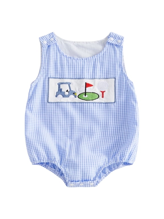 Baby Boy Summer Outfits Sleeveless Smocked Bubble Romper One Piece Golf Onesie Clothes (Blue, 6-12 Months)