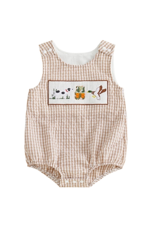 Baby Boy Summer Outfits Sleeveless Smocked Bubble Romper One Piece Golf Onesie Clothes (Khaki, 6-12 Months)