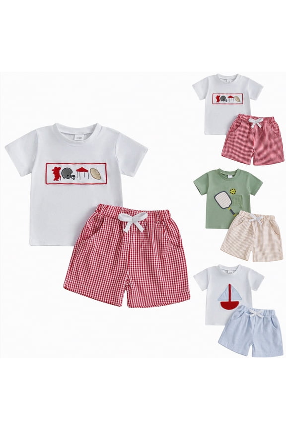 Baby Boys Clothes 2t 3t 4t 5t 6t 7t Kids Toddler Short Sleeves Shirt Tops Embroidery Pattern & Gingham Shorts Set (Beige, 2-3 Years)