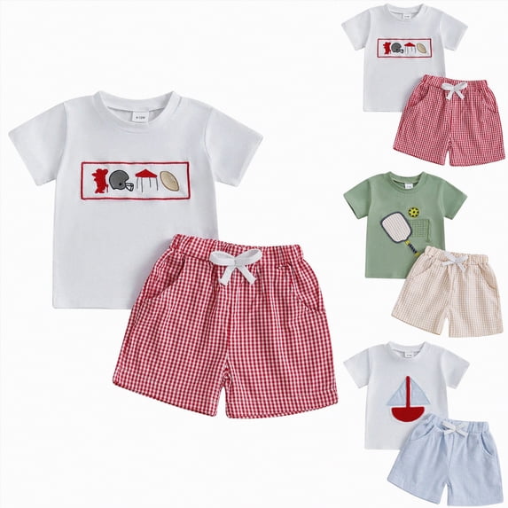 YDFCWXW Baby Boys Clothes 2t 3t 4t 5t 6t 7t Kids Toddler Short Sleeves Shirt Tops Embroidery Pattern & Gingham Shorts Set (Red, 2-3 Years)