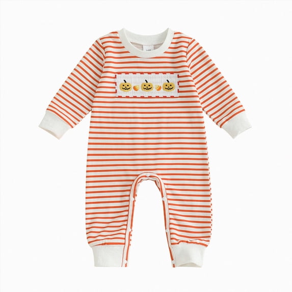 YDFCWXW Baby Boys Halloween Jumpsuit Long Sleeve My First Halloween Pumpkin/Ghost Onesie Embroidery Striped Romper Outfits (Orange, 3-6 Months)