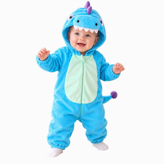 YDFCWXW Baby Dinosaur Costume Halloween Boys Girls Onesie Plush Jumpsuit for Infant, Spikes and Tail Cute Hooded Plush Onesie Halloween Outfits for Themed Events (Blue, 6-9 Months)
