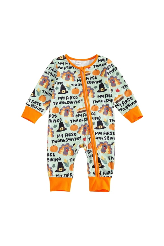 Baby Girl Boy Halloween/Thanksgiving Long Sleeve Pumpkin/Turkey Romper Zipper Jumpsuit 0-12M (Green, 3-6 Months)