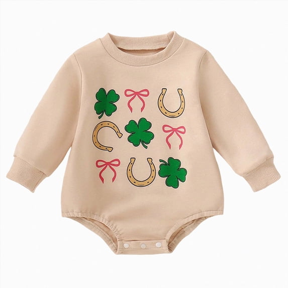 YDFCWXW Baby Girl Boy Outfit Cute Shamrock Bubble Romper Newborn Infant Spring Fall Clothes (Beige, 12-18 Months)