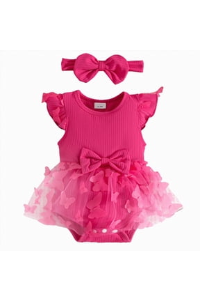 Baby Girl Clothes Romper Sleeveless Lace with Headband 0-18M | Soft Knit , Lace , 3d Butterflies Design, Snap Closure, Ideal Daily, or Photos, Machine Washable (Hot Pink, 6-9 Months)