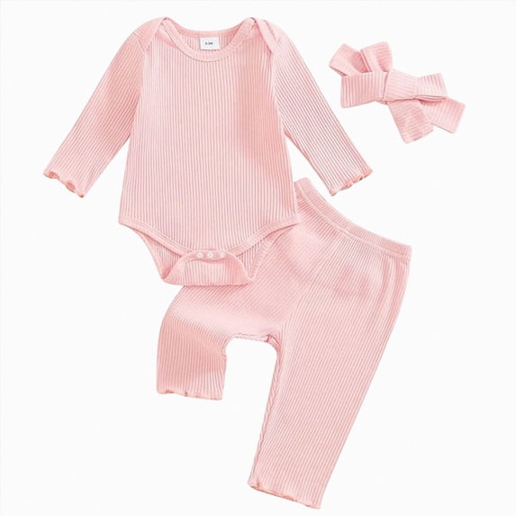YDFCWXW Baby Girl Clothes Spring Solid Color Long Sleeve Ribbed Bodysuit Romper Pants Set (Pink, 6-12 Months)