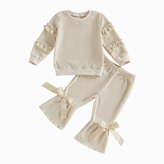 YDFCWXW Baby Girl Clothes Toddler Waffle Ruffle Long Sleeve Shirt Tops Pants 2 Girls Clothing Set (Beige, 4-5 Years)