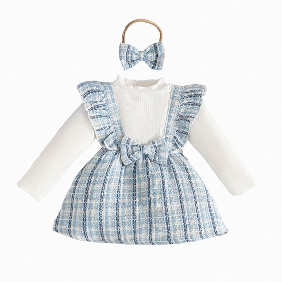 YDFCWXW Baby Girl Clothes Tweed Ribbed Patchwork Long Sleeve Romper Bodysuit Headband Outfits (Light Blue, 2-3 Years)