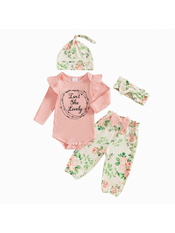 Baby Girl Fall Outfit, Ruffle Ribbed Romper Top with Floral Pants (Red, 0-3 Months)