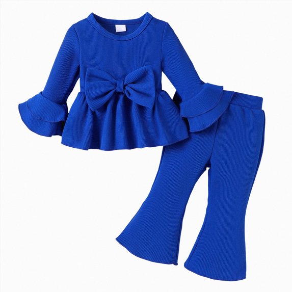 YDFCWXW Baby Girl Ribbed 2 Piece Outfit Long Sleeve Top Bell Pants Set | Ruffle Hem, Bow Accent,Elastic Waist,9 Months to 3 Years (Blue, 18-24 Months)