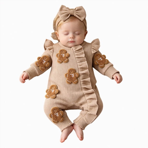 YDFCWXW Baby Girl Rompers Christmas Ruffle Waffle Knit Zipper One Piece Outfit Newborn Long Sleeve Jumpsuit with Headband (Khaki, Newborn)