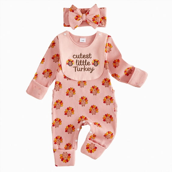 YDFCWXW Baby Girl Thanksgiving Romper Cutest Little Turkey Ruffle Knit Jumpsuit Bib Headband Set Newborn Fall Outfit (Red, Newborn)