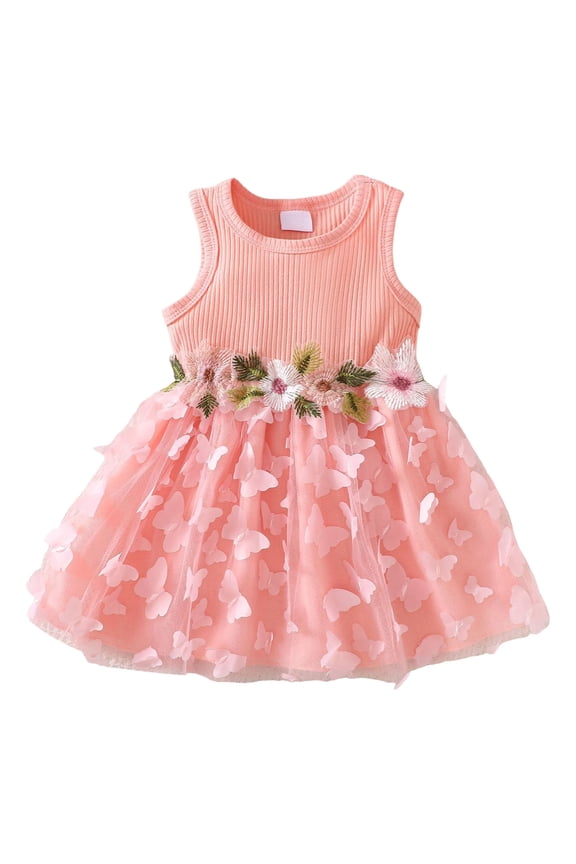Baby Girls Tutu Sleeveless Dress Flower Butterfly Tulle Fairy Dress for Toddler Party Outfit Set (Pink, 6-9 Months)