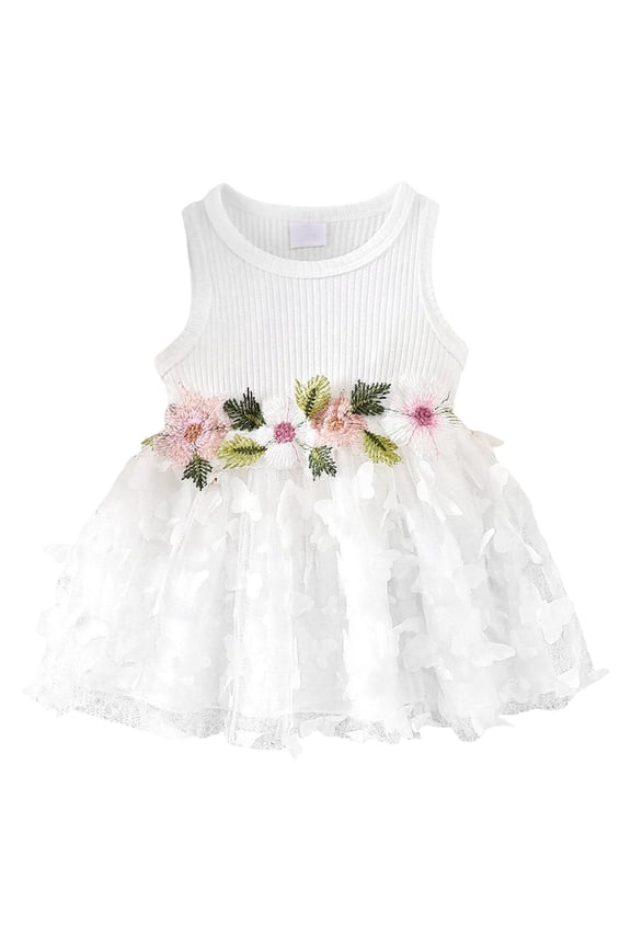 Baby Girls Tutu Sleeveless Dress Flower Butterfly Tulle Fairy Dress for Toddler Party Outfit Set (White, 2-3 Years)