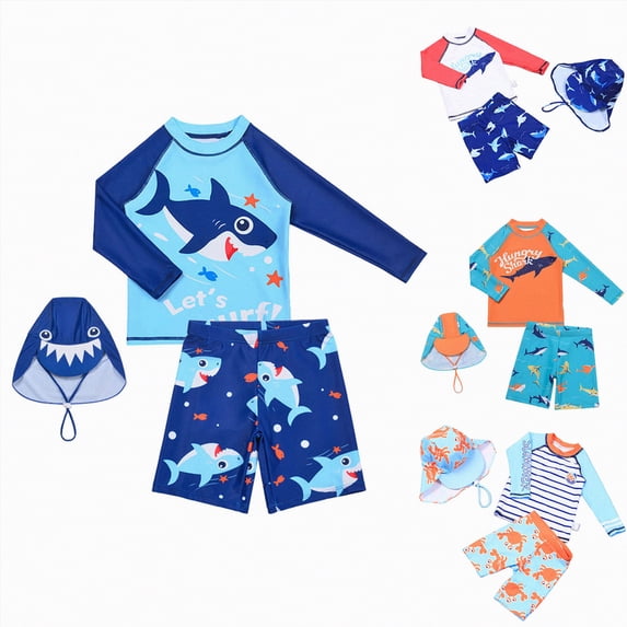 YDFCWXW Baby Toddler Boys Two Pieces Swimsuit Set Swimwear Shark Bathing Suit Rash Guards with Hat UPF 50+ (Blue, 9-10 Years)