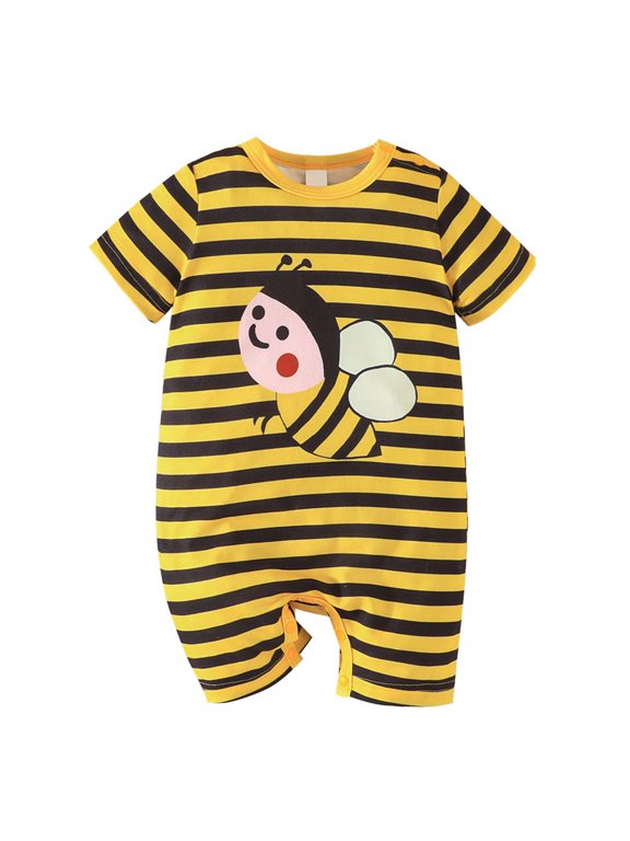 Bees Baby Boy Girl Romper Summer Clothes Bee Printed Short Sleeve Round Neck Striped Baby Jumpsuit (Yellow, 3-6 Months)
