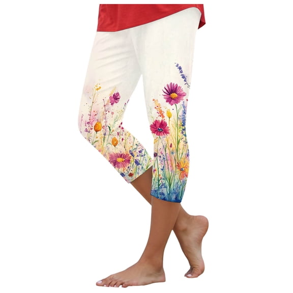 YDFCWXW Boho Floral Print Leggings for Women Trendy Beach Summer Clothes Yoga Pants High Waisted Capri Pants Beige, XL