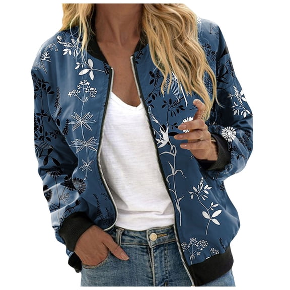 YDFCWXW Bomber Jacket Women 2025 Floral Zip Up Zipper Sports Jackets Coats Stand Collar Causal Long Sleeve Lightweight Outerwear Tops Navy, L