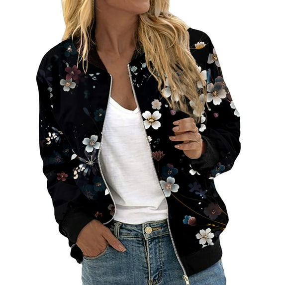 YDFCWXW Bomber Jacket for Women 2025 Long Sleeve Zip Up Floral Outerwear Lightweight Loose Casual Fall Coats With Pockets Black, L