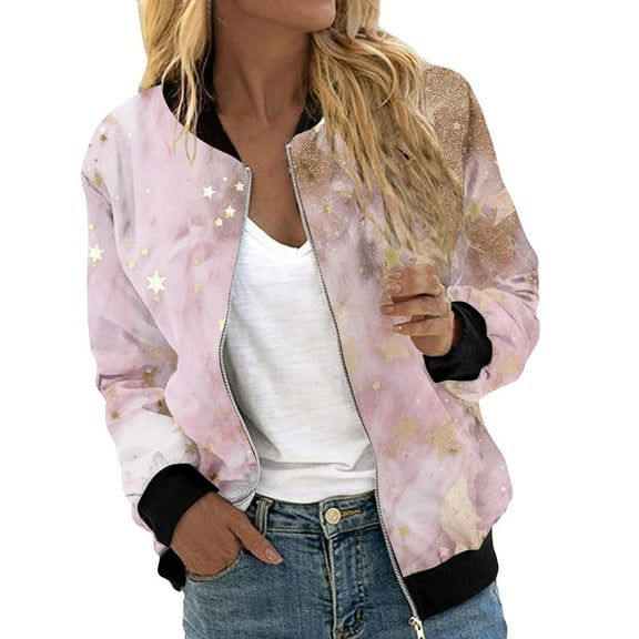 YDFCWXW Bomber Jacket for Women 2025 Long Sleeve Zip Up Floral Outerwear Lightweight Loose Casual Fall Coats With Pockets Pink, XL