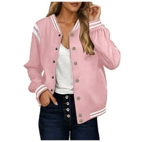 YDFCWXW Bomber Jacket for Women Casual Button Down Lightweight Short Outwear with Pockets Pink, L
