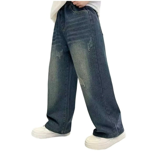 YDFCWXW Boy's Baggy Hip Hop Jeans Wide Leg Skater Denim Pants Casual Loose Fit Long Trousers Streetwear (Blue, 15-16 Years)